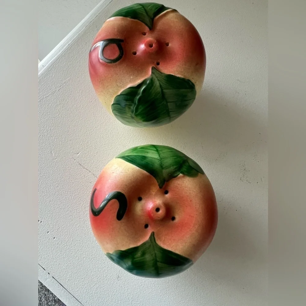Mid-Century Large Apple Shaped Salt & Pepper Shakers Ceramic.